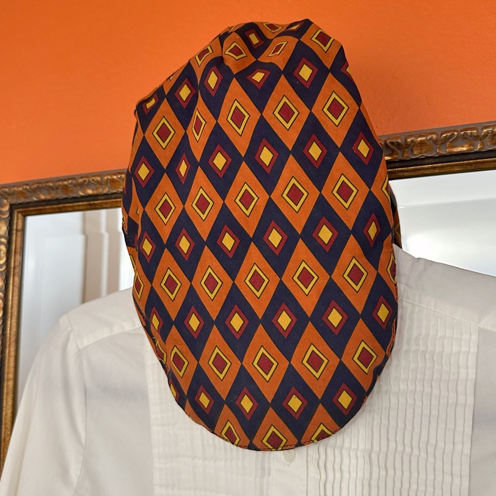 EUC Zara Man Orange Navy Diamond Geo Print Newsboy Baker Boy Cap